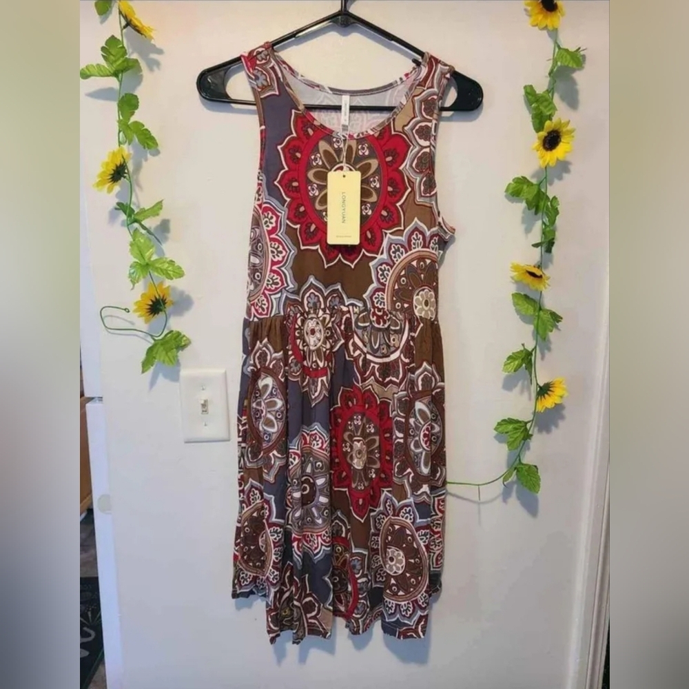 Nwt Longyuan Medium Brown Paisley Summer Dress